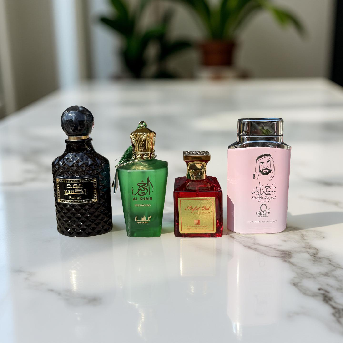 SET 4 PARFUMURI PENTRU EL SI EA (Qawafi Falinto+Al Khair Pistachio+Perfect Oud+Sheikh Zayed Pink)