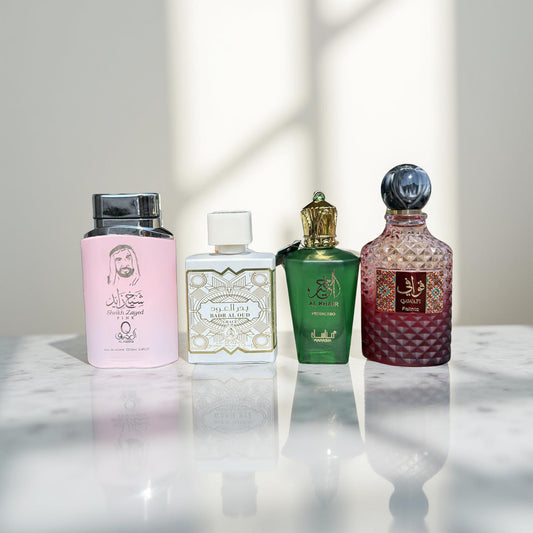 SET 4 PARFUMURI DAMA (Sheikh Zayed Pink + Badr Al Oud+ Al Khair Pistachio + Qawafi Falinto)