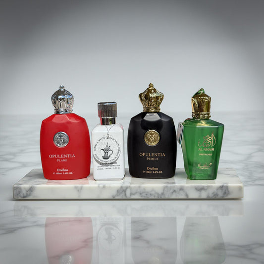 SET 4 PARFUMURI PENTRU EL SI EA (Opulentia Flame + Dirham White + Opulentia Primus + Al Khair Pistachio)