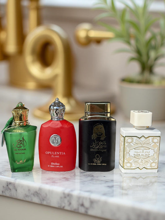 SET 4 PARFUMURI PENTRU EL SI EA (Al Khair Pistachio+Opulentia Flame+Sheikh Zayed Black+Badr Al Oud )