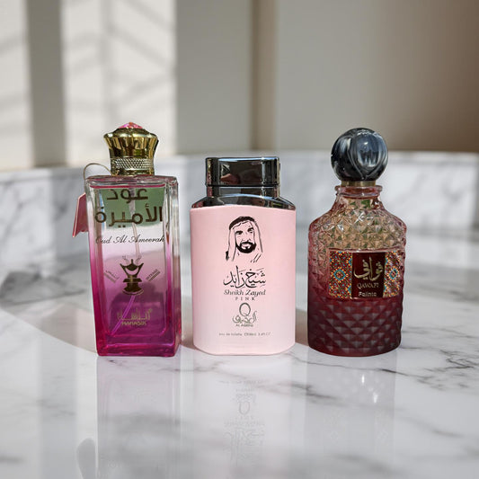 SET 3 PARFUMURI DAMA (Oud Al Ameerah Intense + Sheikh Zayed Pink + Qawafi Falinto)