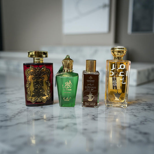 SET 4 PARFUMURI PENTRU EL SI EA (AL IBDAA + AL KHAIR PISTACHIO + DIRHAM OUD + AMEER AL OUDH)