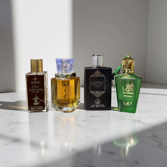 SET 4 PARFUMURI PENTRU EL SI EA (Dirham Oud + Khamrah + Ameer Al Aalam Black + Al Khair Pistachio)